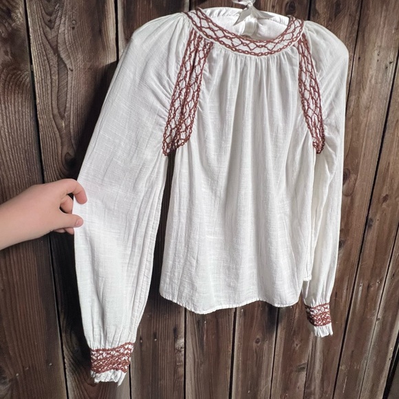 Faherty Arles Brown Embroidered Peasant Blouse White Balloon Sleeve Boho Sz XS - Picture 12 of 12